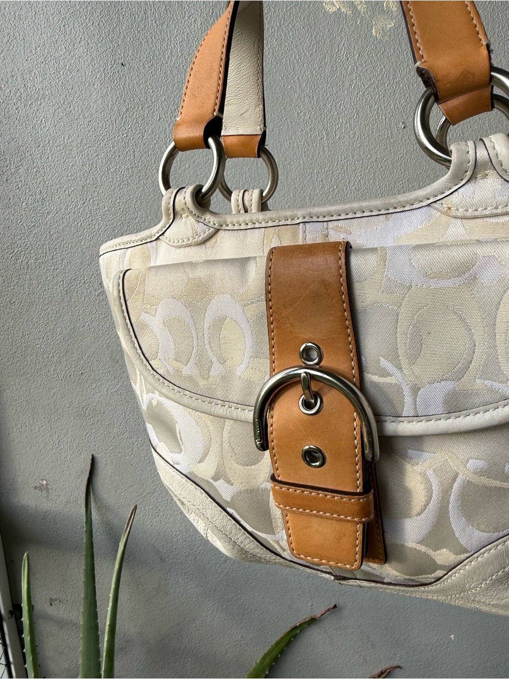 Coach Cream Signature Canvas Satchel with Tan Leather Trim - Picture 2 of 7